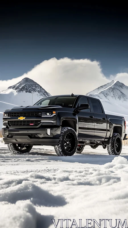 Black Chevy pickup dominates snowy alpine mountain pass.