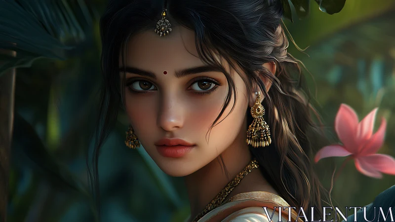 Digital portrait of Indian woman in lush tropical garden.