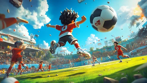 Stylized soccer match shows children in mid-action on field