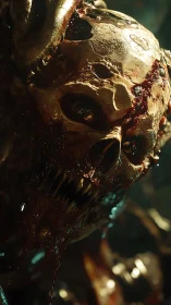 Mutated demonic skull drips gore under cinematic light.