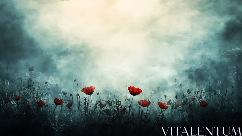 Red Poppies Against Misty Landscape. Ethereal Field Study.