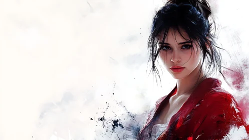 Stoic woman in red kimono emerges from painterly mist