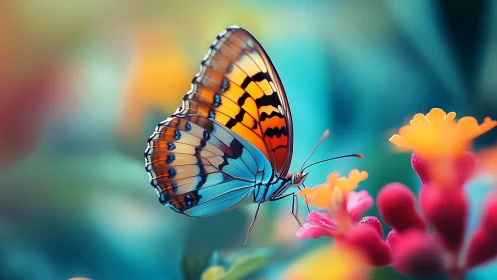 Butterfly in lateral view on small clustered flowers.