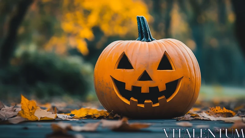 Carved jack o lantern pumpkin on autumn leaves outdoors.