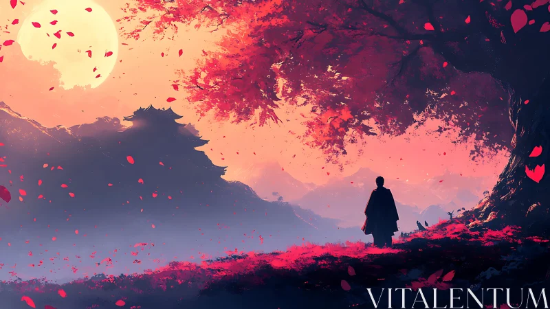 Silhouetted figure observes moonlit temple under red canopy