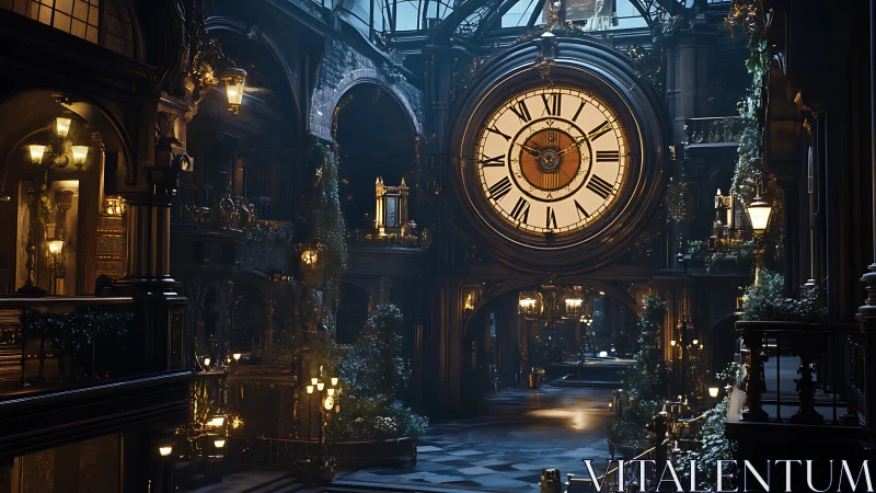 Grand indoor clock hall with ornate victorian decor.