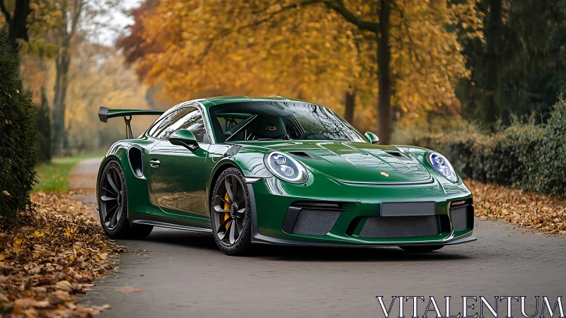 Emerald green sports car gleams along a quiet autumn lane