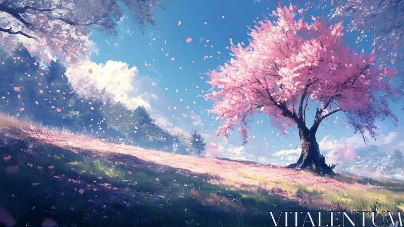 Sakura hillside landscape under dynamic spring daylight rendering.