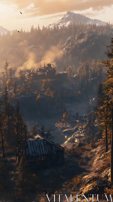 Industrial outpost embedded in autumnal mountain valley at dusk.