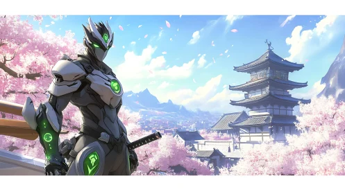 Cybernetic katana operative amid blossom-framed pagoda vista.