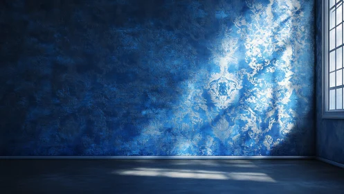 Sunlit blue textured wall in empty room with bright window light.
