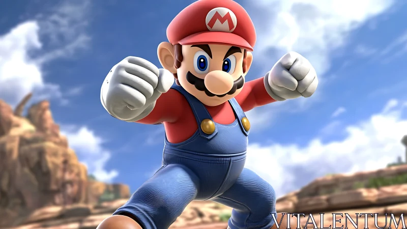 Cartoon plumber character in combat stance outdoors.