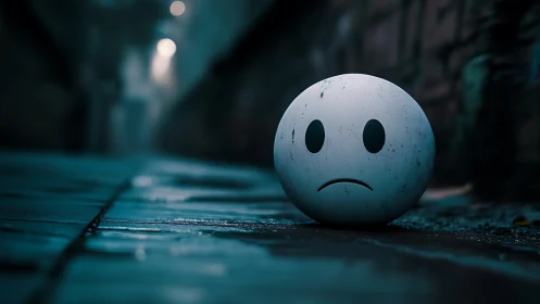 Sad face ball on wet urban alleyway pavement at night.