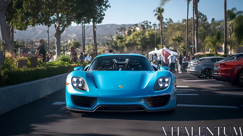 Turquoise hypercar front view in sunlit outdoor car meet.