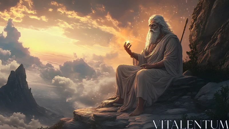 Mystic sage studies radiant orb above sunlit clouds.