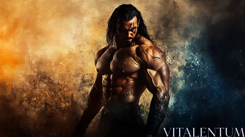 Muscular warrior figure against split warm cool backdrop.