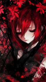 Crimson haired girl closes her eyes amid swirling red petals