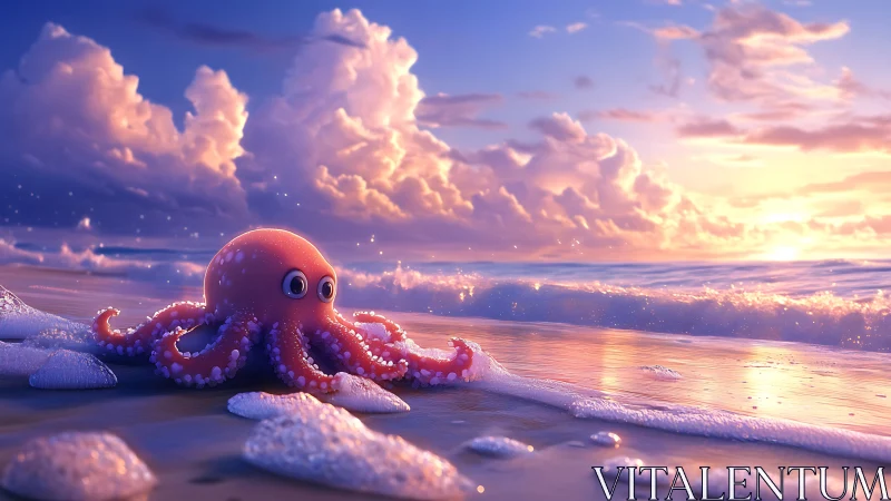 Sunlit foamy shoreline with stylized octopus under sunset sky.