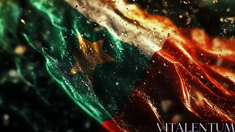 Flag surface ripples under water droplets and harsh lighting