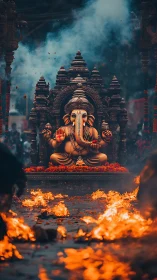 Ganesh idol glows amid temple firelight and drifting incense