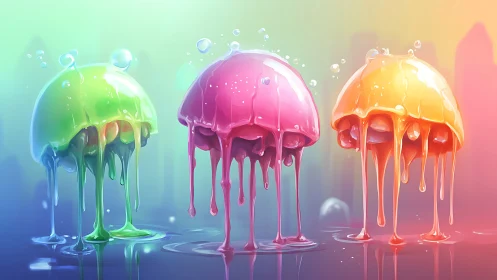 Triadic glossy jelly domes with dripping neon translucent glaze