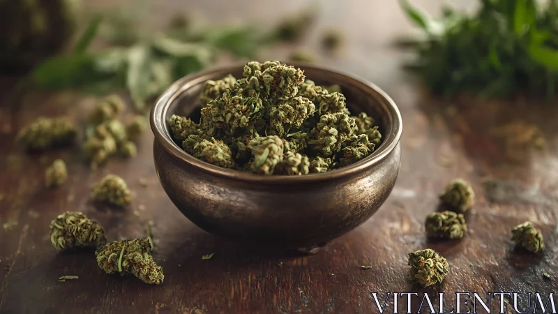 Dried cannabis buds in rustic metal bowl on wooden surface.