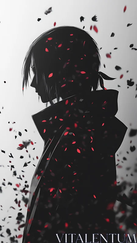 Silhouetted figure in coat amid drifting red petals.