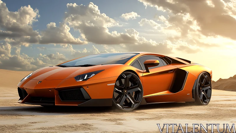 Orange supercar rendered on sunlit desert terrain at dusk.