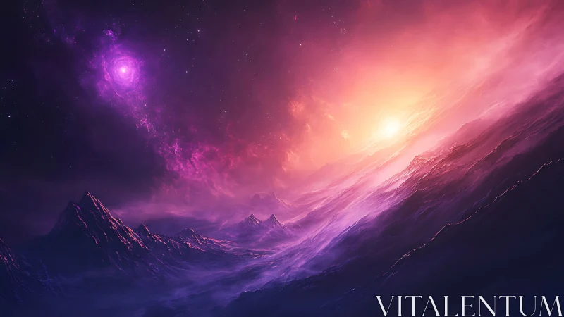 Cosmic sunrise floods violet mountains with radiant haze.