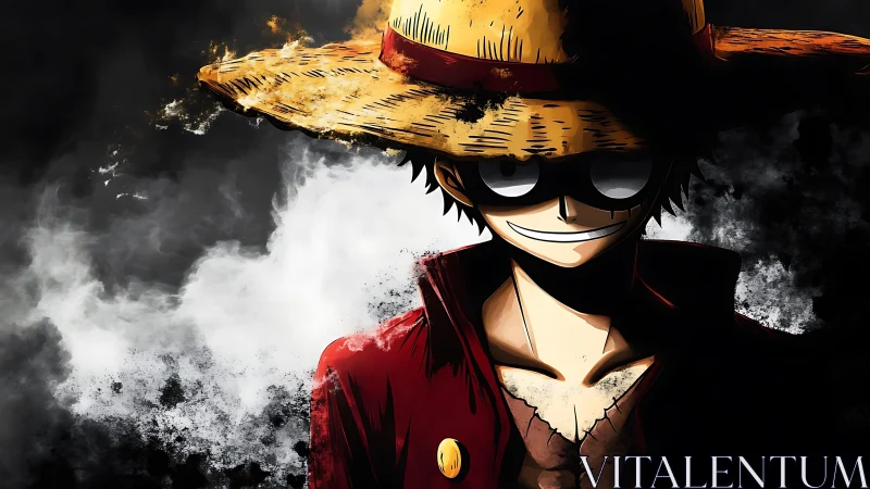 Shadowlit straw-hat rogue grins through swirling storm smoke.