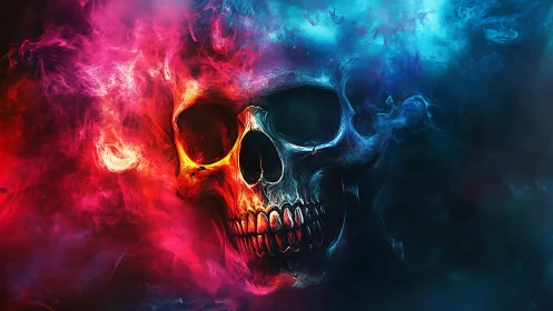 Fiery neon skull emerging through red and blue smoke clouds.
