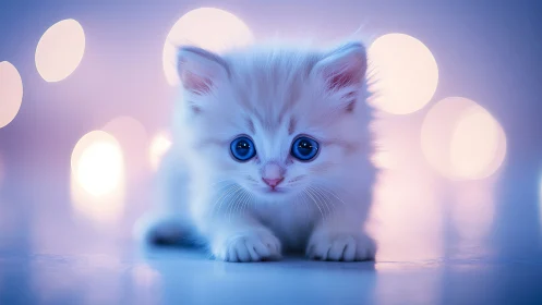 Blue-eyed white kitten in magical purple light.