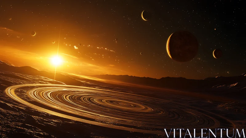 Ringed alien horizon under molten golden starfield glow.