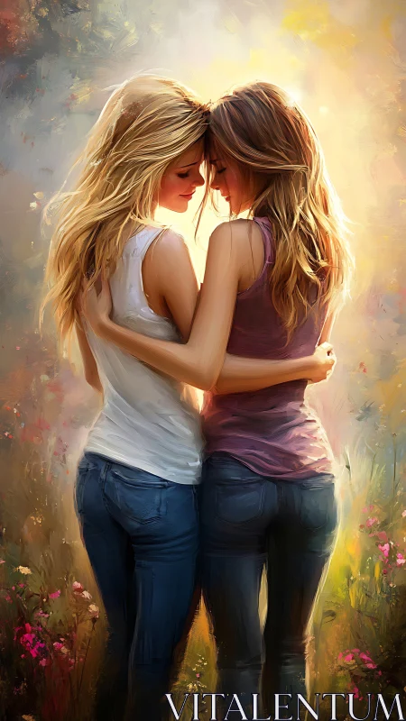 Two women embrace in warm golden light surrounded by flowers.