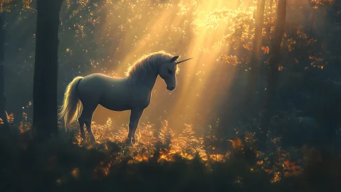 Unicorn stands in golden forest light shafts at dawn.