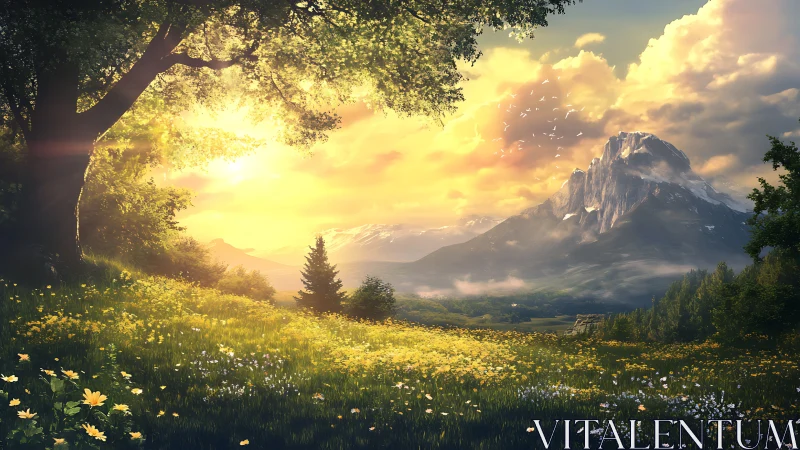 Mountain landscape shows sunlit meadow framed by dense trees