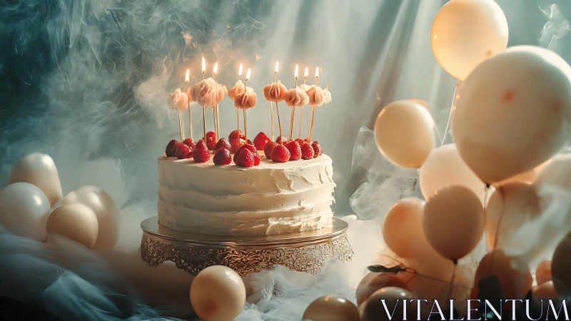 Ethereal Birthday Cake With Illuminated Candles. Fantasy Celebration.