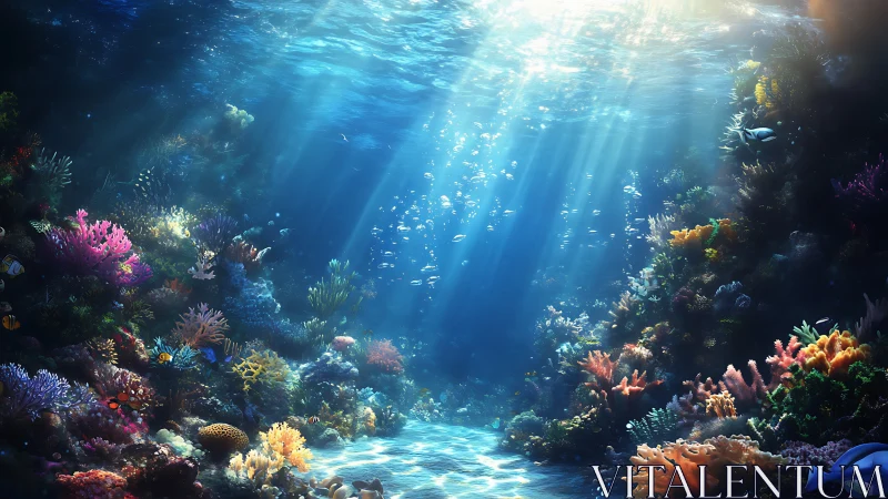 Sunlit coral reef basin rendered with volumetric caustic lighting