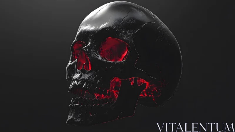 Glossy Black Skull with Red Glowing Interior in Dark Digital Art.