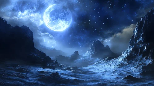 Moonlit frostfront on a silent alien tideworld horizon.