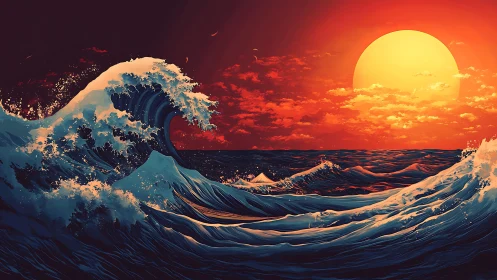 Ocean waves move under low sun with strong color contrast
