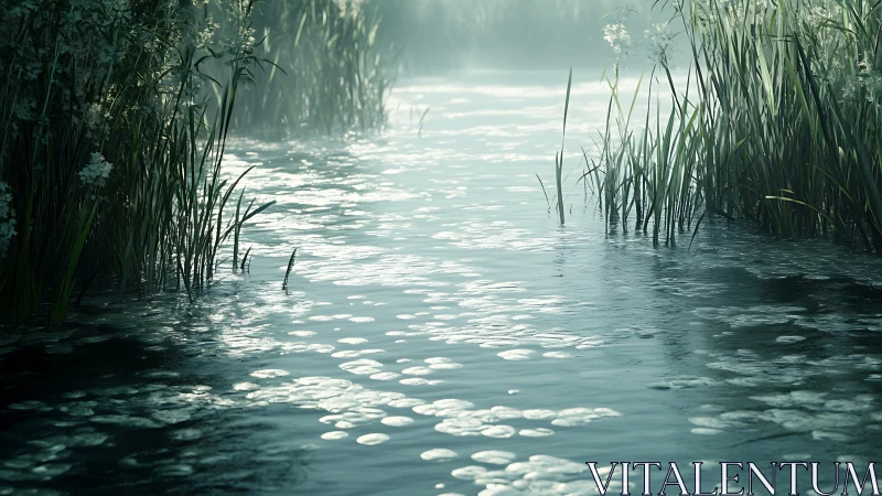 Narrow wetland channel shows reflective water surface and reeds