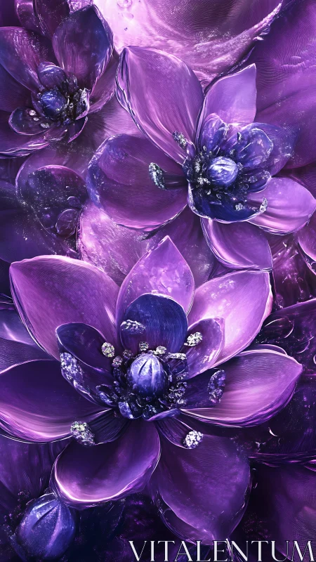 Luminous Purple Flowers with Crystalline Gem Centers.