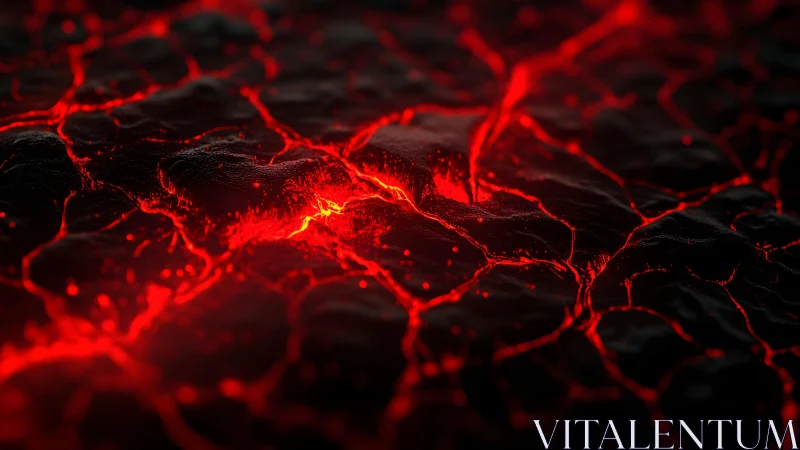 Dramatic Close-Up of Molten Lava Cracks in Dark Volcanic Rock.