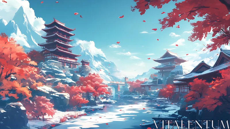 Mountain pagoda complex over frozen river in autumn light