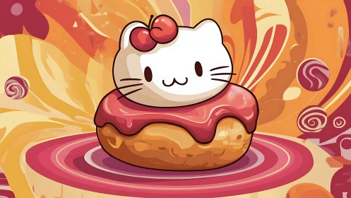 Kawaii cat donut character with cherry topper on candy swirl