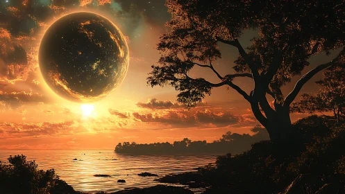 Large celestial body aligns above coastal sunset horizon