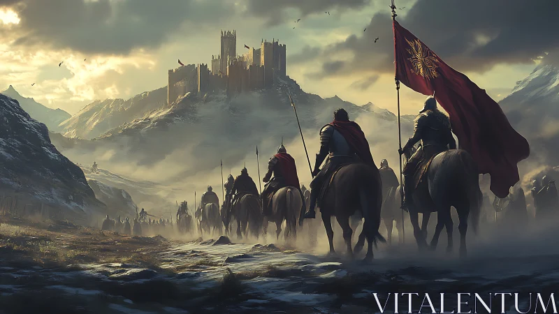 Knights in scarlet cloaks ride toward the storm-crowned citadel.