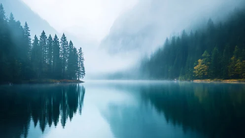 Mist over calm alpine lake with dense evergreen forest.