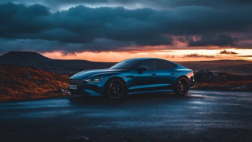Sleek blue sports car waits under stormy sunset skies